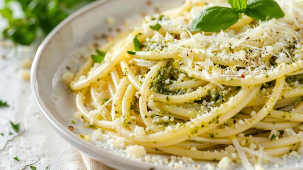 a plate of pasta with basil and basil