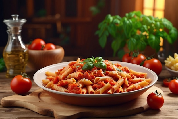 Photo a plate of pasta with basil on it sits on a table