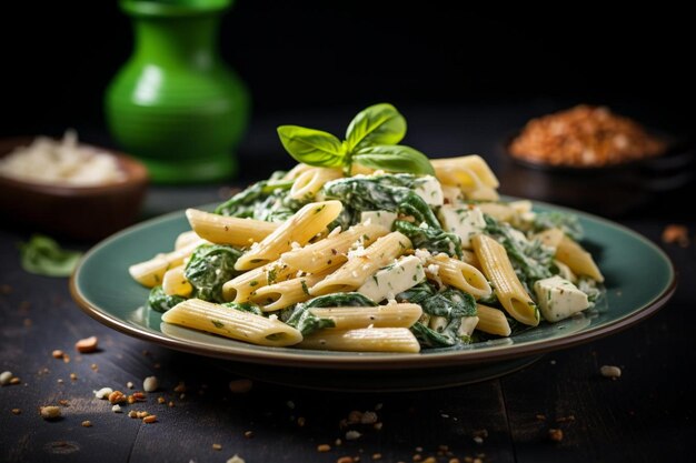 Photo a plate of pasta with basil on it sits on a table