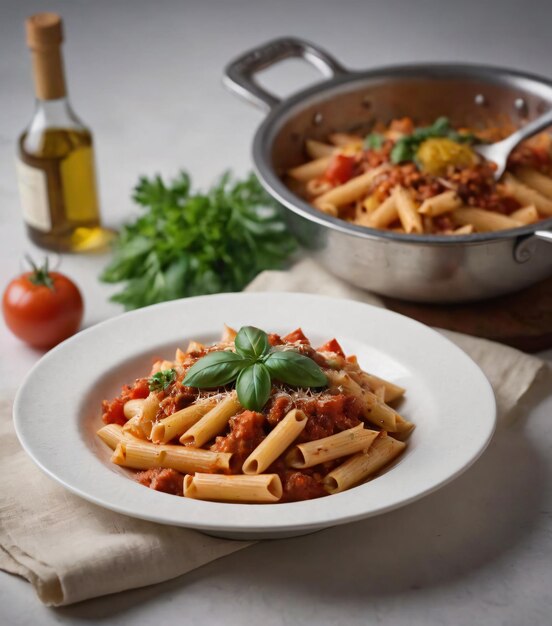 Photo a plate of pasta with basil on top of it