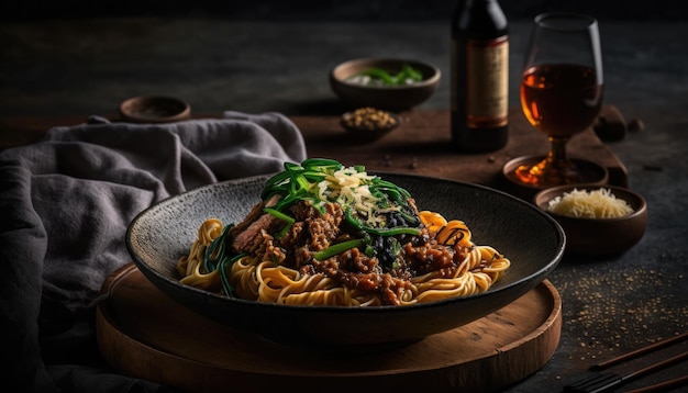 A plate of pasta with a bottle of beer in the background