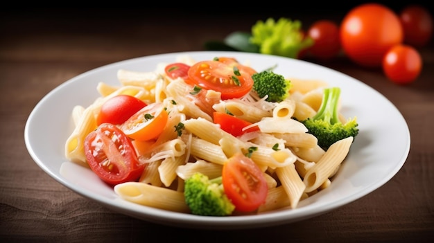 A plate of pasta with broccoli and tomatoes.