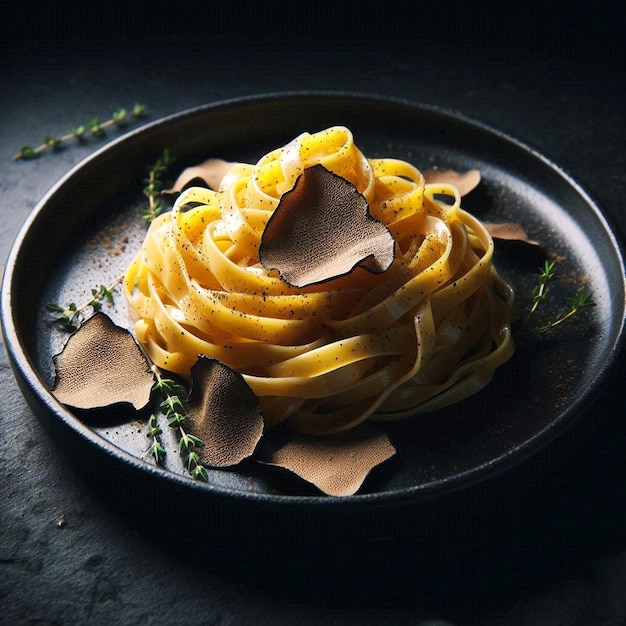 a plate of pasta with a brown wrapper on it