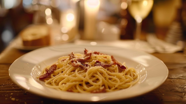 a plate of pasta with a glass of wine in the background