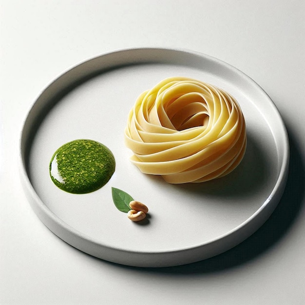 a plate of pasta with a green leaf on it