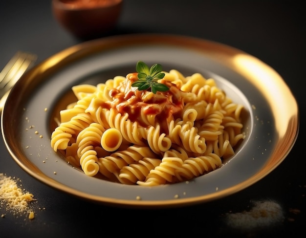 Photo a plate of pasta with a green leaf on top of it