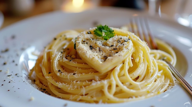 a plate of pasta with a heart shaped piece of chicken and parsley