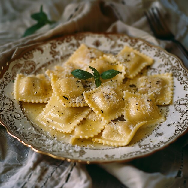 a plate of pasta with herbs and herbs on it