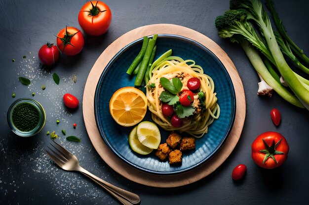 A plate of pasta with a lemon and tomato on it