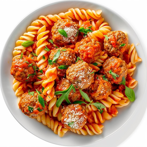 a plate of pasta with meatballs and cheese