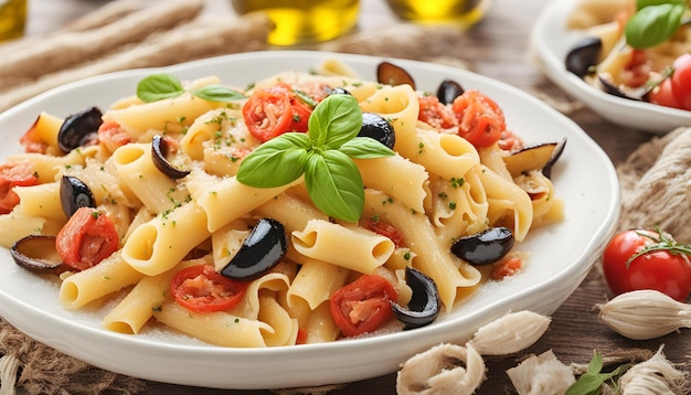 a plate of pasta with olives and tomatoes