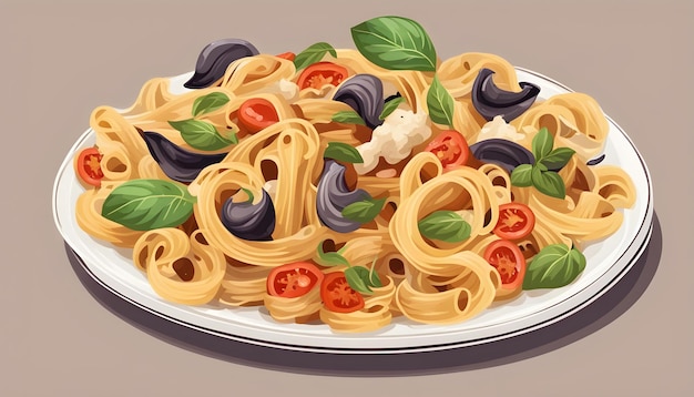 a plate of pasta with a picture of a chicken and vegetables