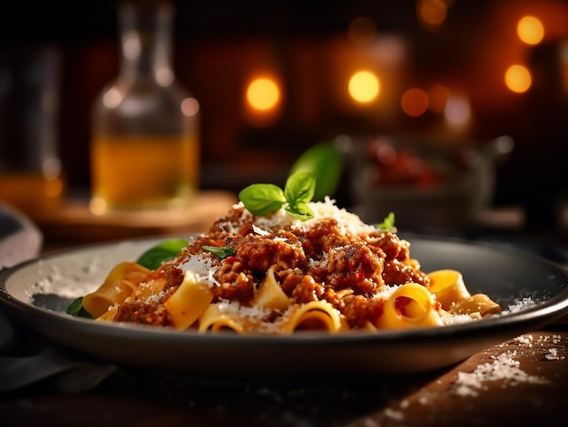 Plate of pasta with a sauce and basil