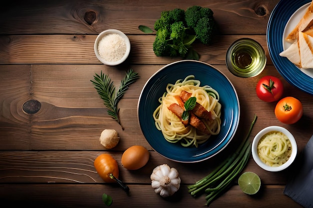 A plate of pasta with a sauce and vegetables on a wooden table.