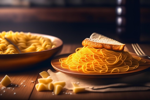 A plate of pasta with a slice of bread on it and a plate of bread on the right.