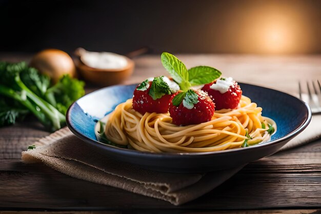 a plate of pasta with strawberries and strawberries on it