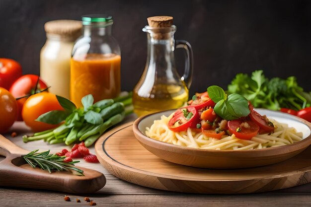 A plate of pasta with tomatoes, basil, and basil.