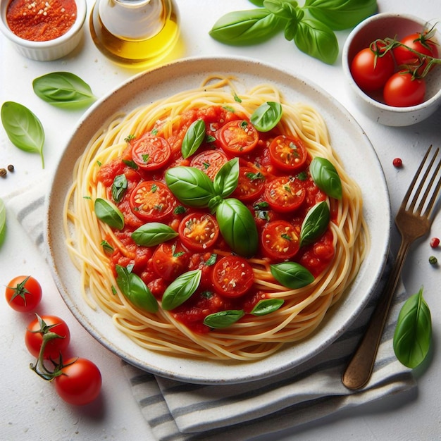 a plate of pasta with tomatoes and basil on it