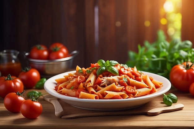 Photo a plate of pasta with tomatoes and basil on it