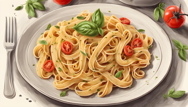 a plate of pasta with tomatoes and basil on it