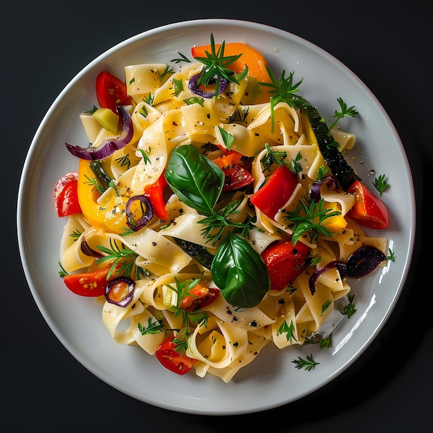 a plate of pasta with vegetables and cheese on it