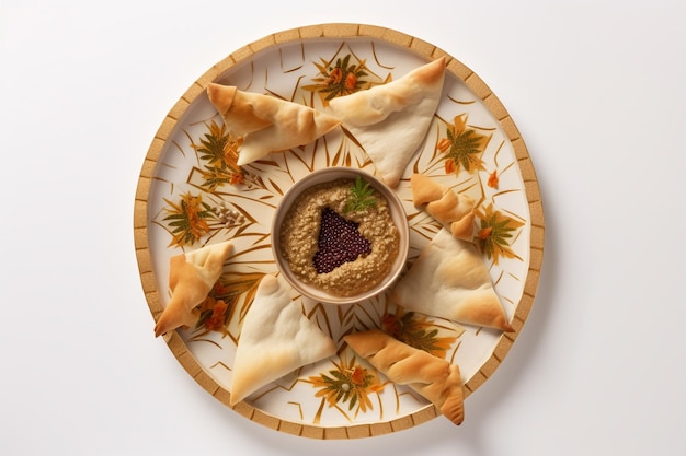 A plate of pastries with a bowl of peanut butter and a small bowl of peanut butter.