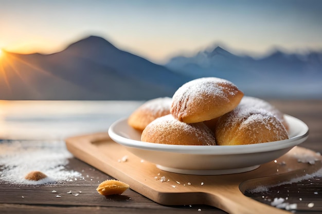 A plate of pastries with a mountain in the background