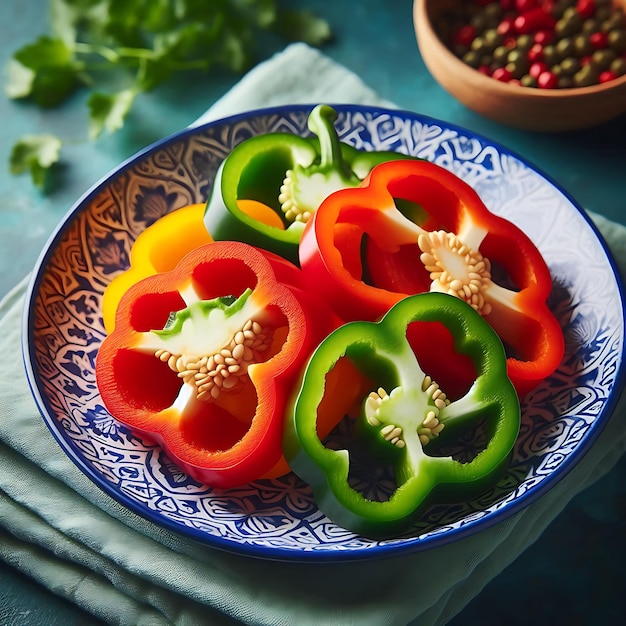 a plate of peppers and peppers with a blue and white design