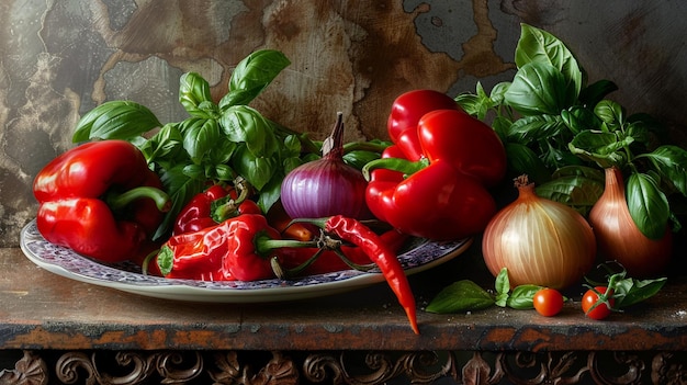 a plate of peppers and peppers with a purple onion on it