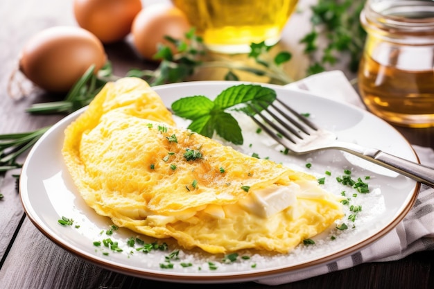 Plate of perfectly cooked omelette with fresh herbs and cheese created with generative ai