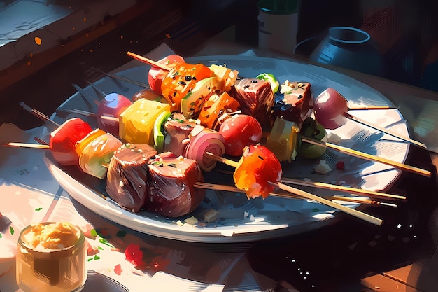 A plate of perfectly grilled kebabs digital art illustration generative AI