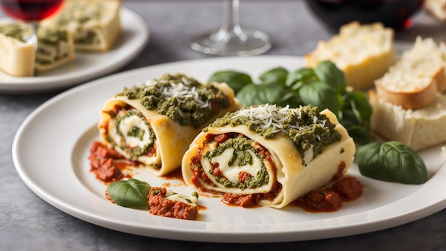 A plate of pesto lasagna rolls with a side of garlic bread and a glass of red wine