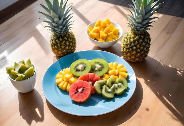 a plate of pineapples and pineapples with a blue plate of pineapples on a table