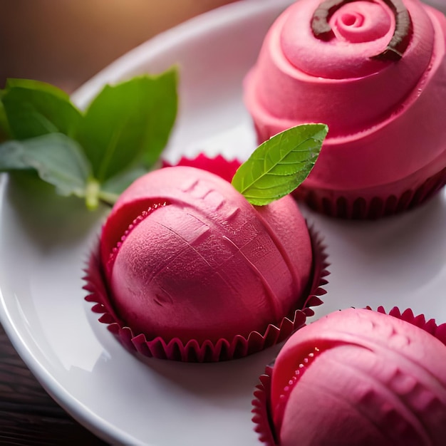 A plate of pink cupcakes with a leaf on it