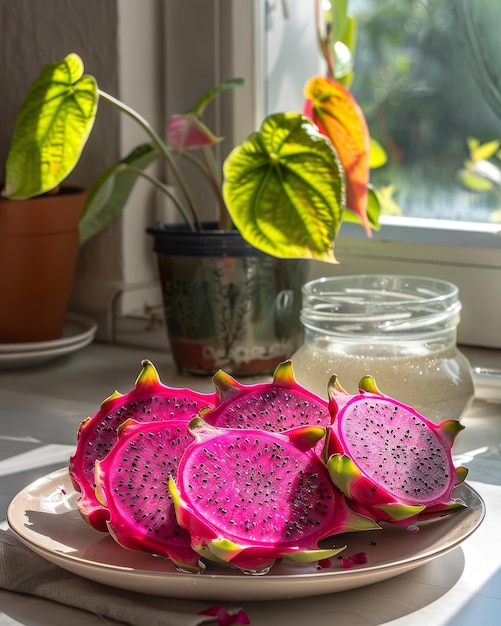 A plate of pink dragon fruit slices with the bright and vivid colors highlighting their natural beauty