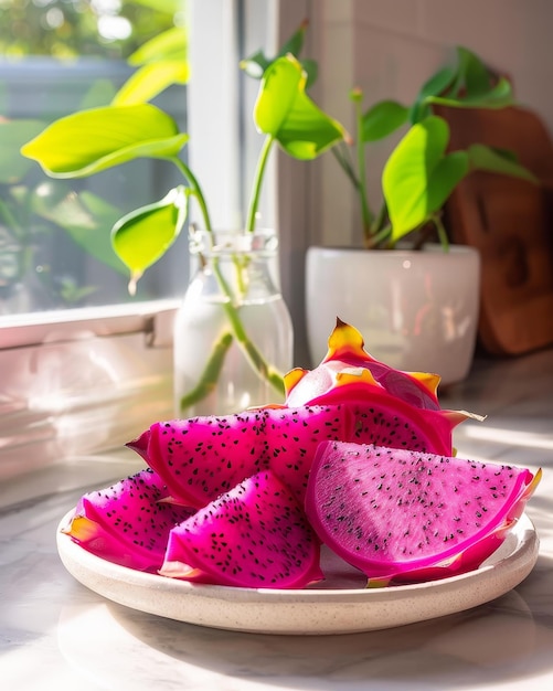 A plate of pink dragon fruit slices with the bright and vivid colors highlighting their natural beauty