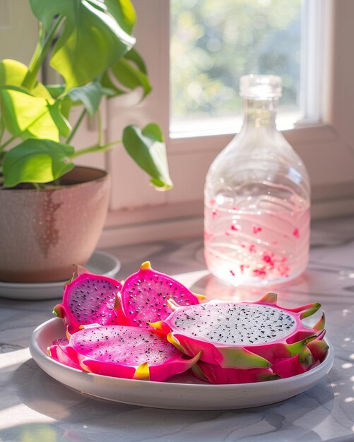 A plate of pink dragon fruit slices with the bright and vivid colors highlighting their natural beauty