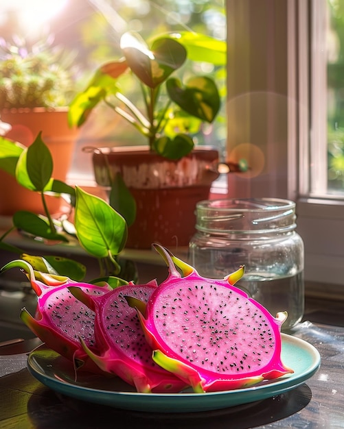 A plate of pink dragon fruit slices with the bright and vivid colors highlighting their natural beauty