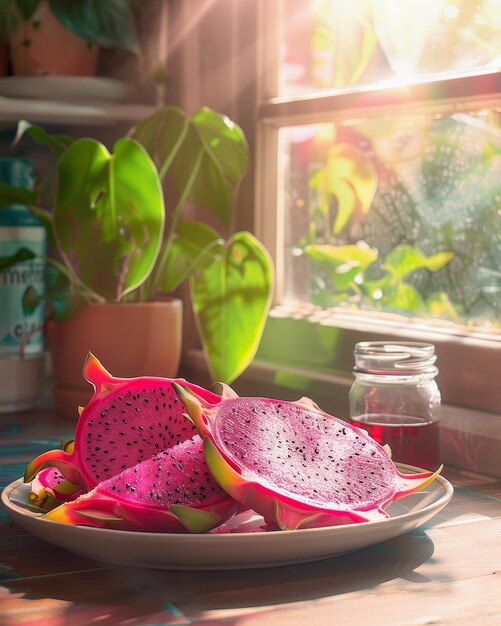 A plate of pink dragon fruit slices with the bright and vivid colors highlighting their natural beauty