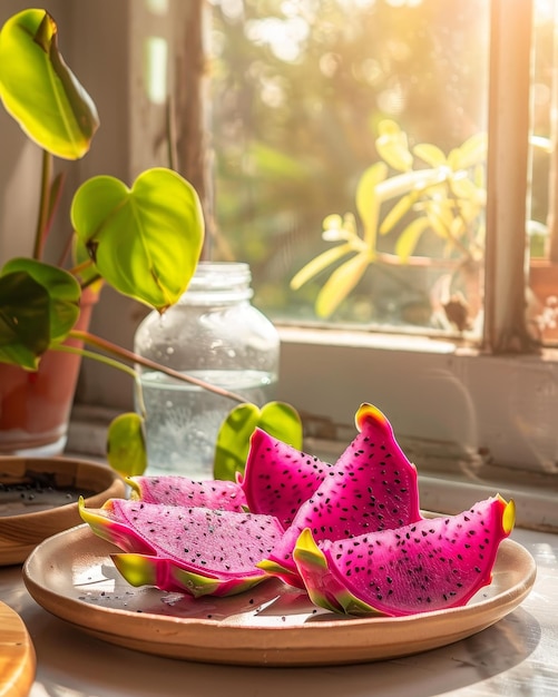 A plate of pink dragon fruit slices with the bright and vivid colors highlighting their natural beauty