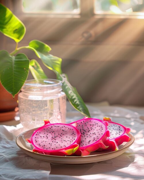 A plate of pink dragon fruit slices with the bright and vivid colors highlighting their natural beauty