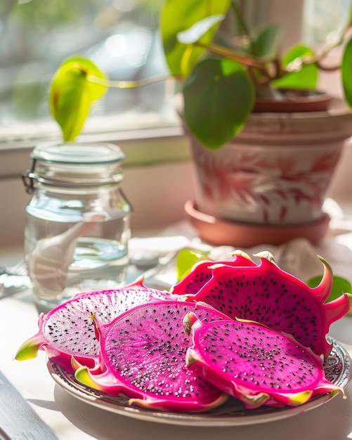 A plate of pink dragon fruit slices with the bright and vivid colors highlighting their natural beauty