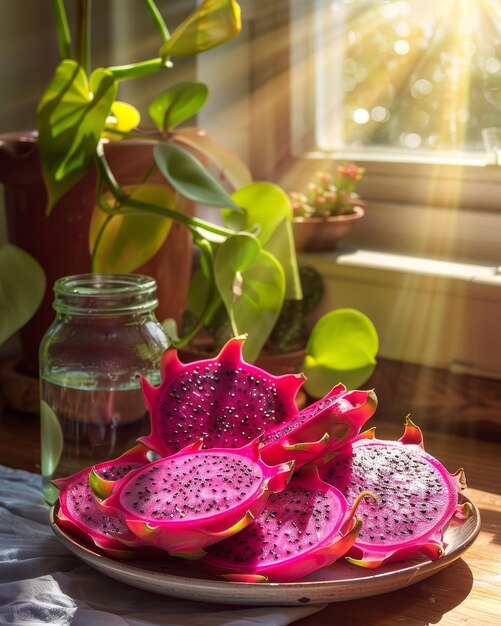 A plate of pink dragon fruit slices with the bright and vivid colors highlighting their natural beauty