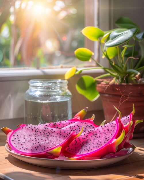 A plate of pink dragon fruit slices with the bright and vivid colors highlighting their natural beauty