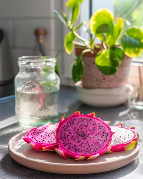 A plate of pink dragon fruit slices with the bright and vivid colors highlighting their natural beauty