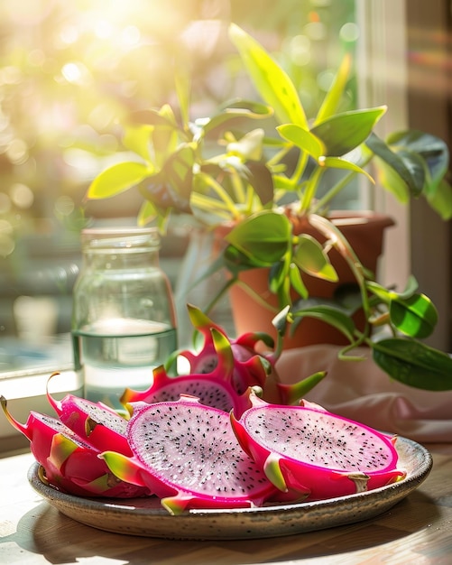 A plate of pink dragon fruit slices with the bright and vivid colors highlighting their natural beauty