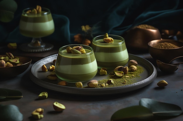 A plate of pistachio pudding with pistachios on it