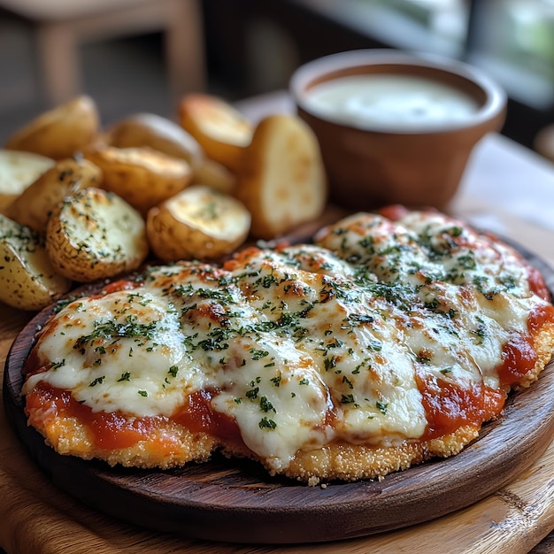 a plate of pizza with a cup of sauce next to it