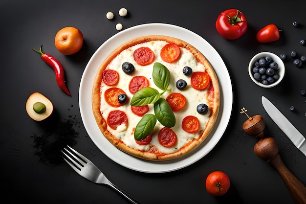 A plate of pizza with a tomato and basil topping.