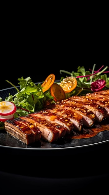 A plate of pork tenderloin with a side of salad